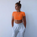 Women Fashion Round Collar Short-sleeve Neon Color Drawstring Cropped T-shirt