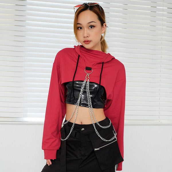 Women Fashion Loose Long-sleeve Chain Design Cropped Hoodie SweatShirts