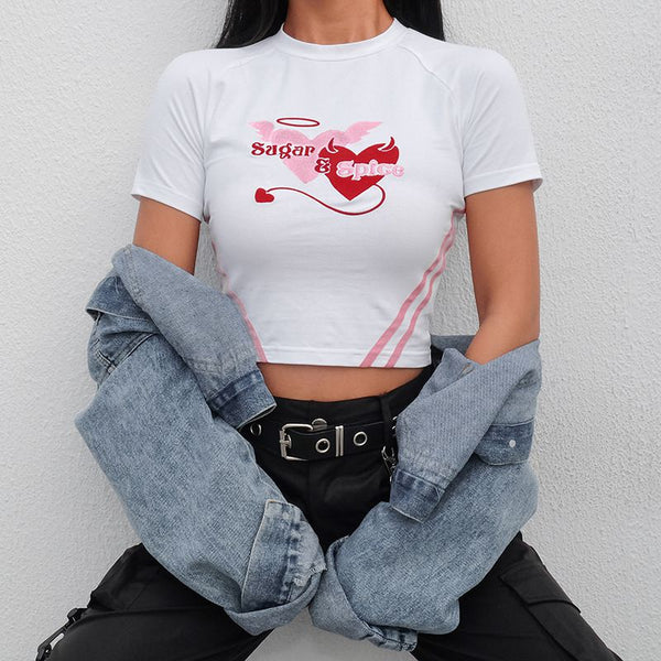 Hot Sale Women Round Collar Short-sleeve Graphic Devil Heart Print Cropped T-shirt