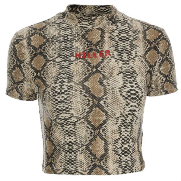 Hot Sale Women Short-sleeve Snakeskin Print Cropped T-shirt