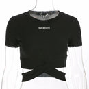 Women Round Collar Short-sleeve Crossover Strap Design Cropped T-shirt