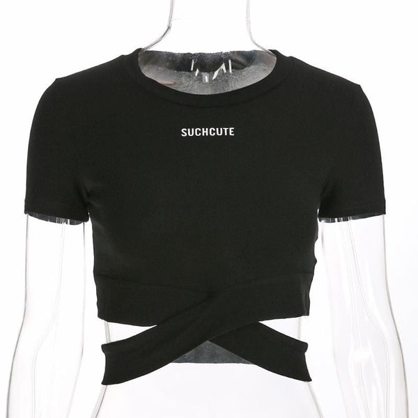 Women Round Collar Short-sleeve Crossover Strap Design Cropped T-shirt