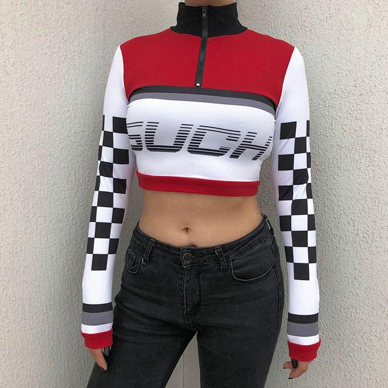 Women Punk Style Color Blocking Graphic Print Long-sleeve Cropped T-shirts