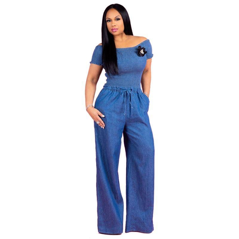 Women Off-The-Shoulder Drawstring Denim Wide-leg Jumpsuits