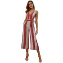 Simple Stripe Print Design Women V Neck Sleeveless Jumpsuits
