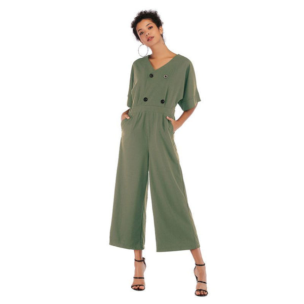 Fashion Solid Color V Neck Dolman���Sleeve Casual Jumpsuits