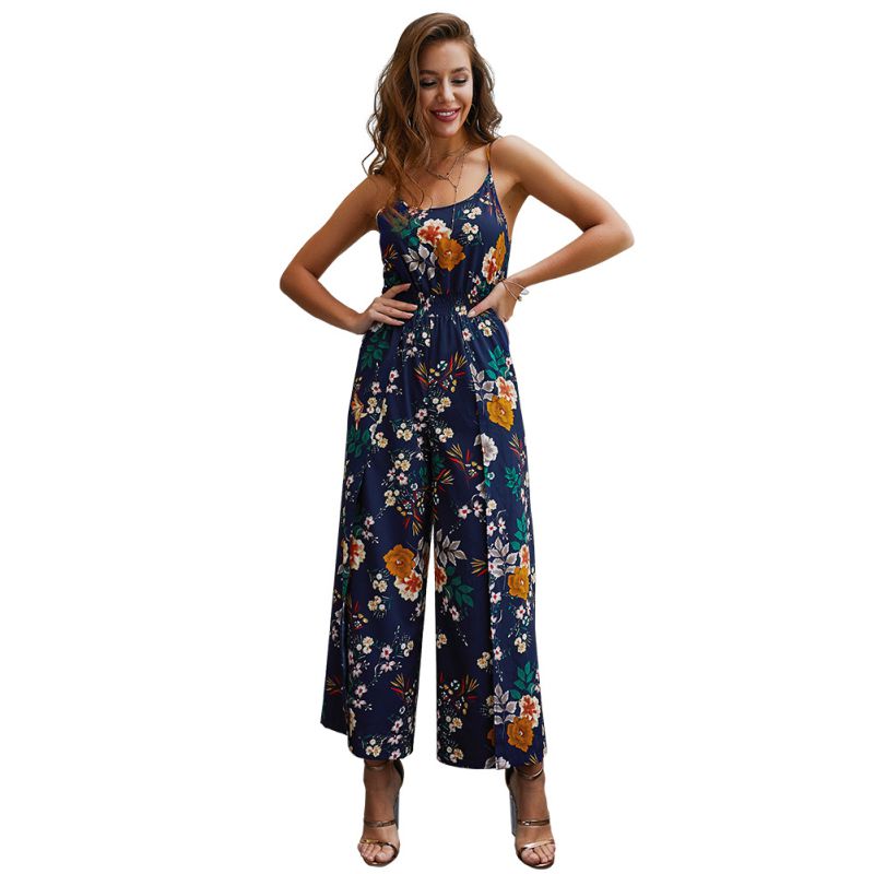 Hot Sale Floral Print Sleeveless Women Wide Leg Jumpsuits