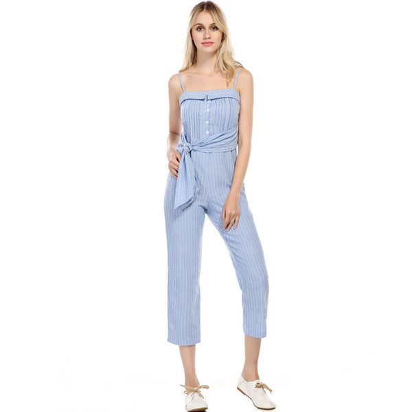 Fashion Stripe Print Design Women High-waisted Figure Flattering Jumpsuits