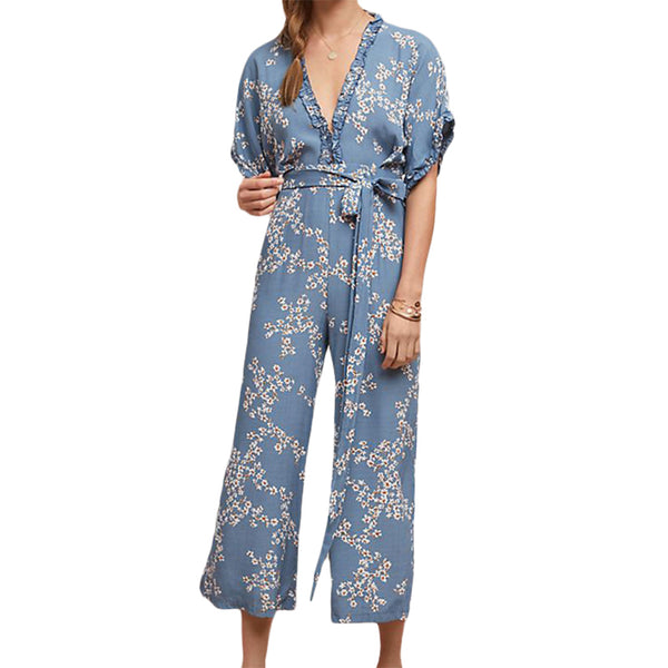 Casual V Neck Short-sleeve Tiny Flower Printed Women Loose Jumpsuits