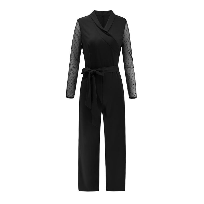 Fashion Tooling Style Lapel See-through Long-sleeve Design Women Sash Jumpsuits