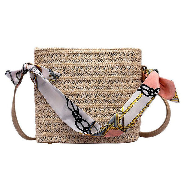 Creative Ribbon Handle Design Women Handmade Woven Straw Bag