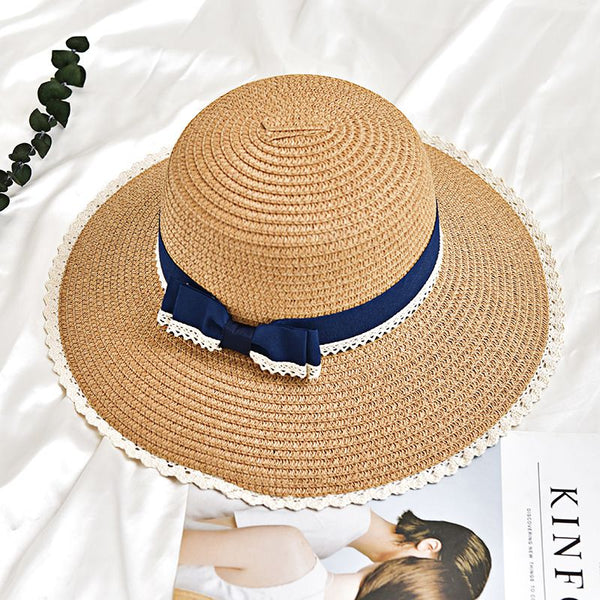 Contrast Lace Ribbon Bowknot Design Women Handmade Sun Hat