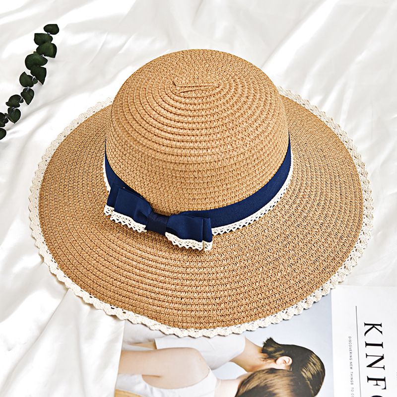 Contrast Lace Ribbon Bowknot Design Women Handmade Sun Hat