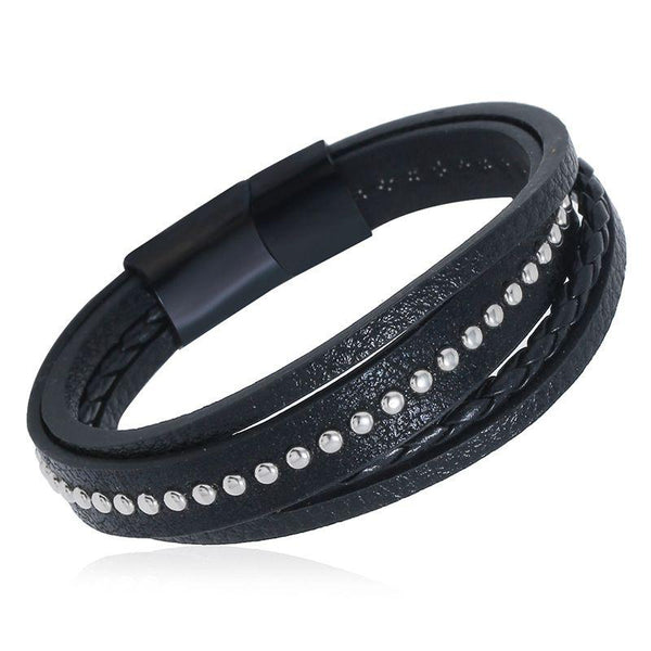 Creative Black Leather Braided Multilayer Men Rhinestone Bracelet