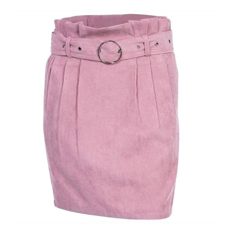 Women Decorative Belt Double Pockets Design Casual Corduroy Skirt