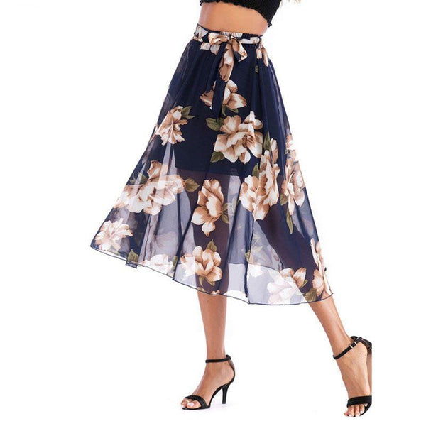 Women Fashion Lace Up Floral Print Chiffon Medium Length Skirt