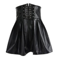 Women Punk Style High-waisted Lace Up Pleated PU Skirt