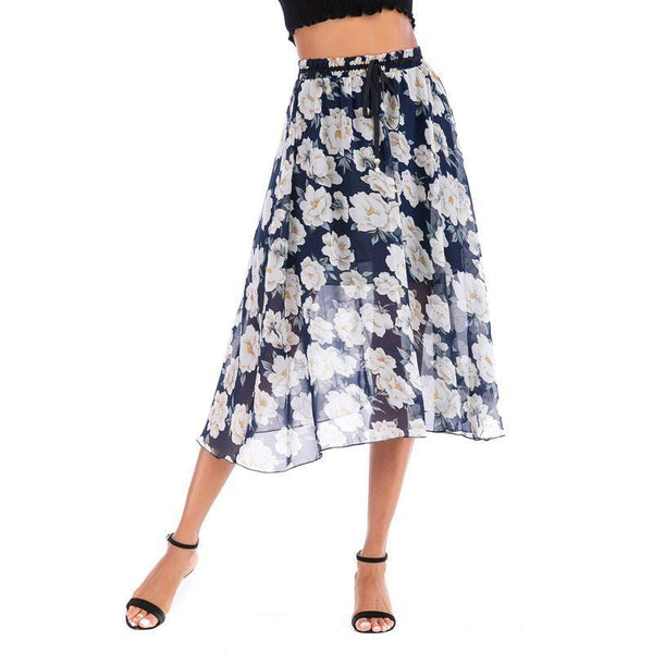 Women Lace Up Floral Print Chiffon Medium-length Skirt