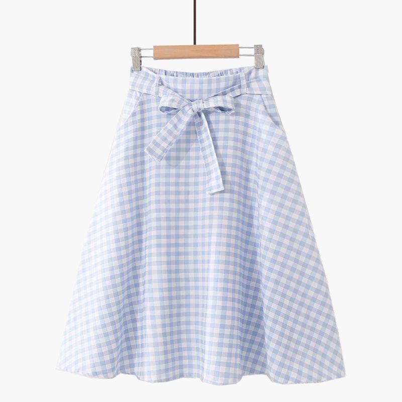 Women High-waisted Lace Up Plaid Print Medium-length Skirt