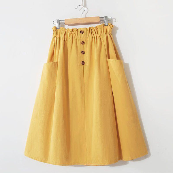 Preppy Style Solid Color High-waisted Double Pocket Buttoned Skirt