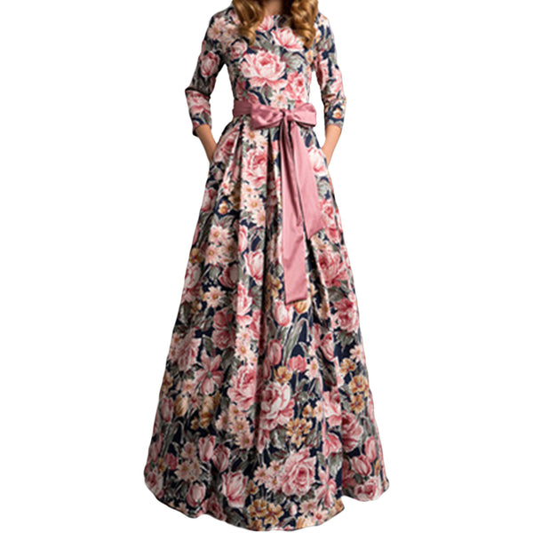 Elegant Women Round Collar Sash Floral Print Party Maxi Dress