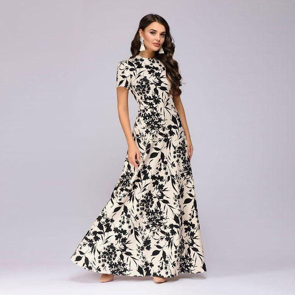 Women Short-sleeve Defined Waist Floral Print Maxi Dress