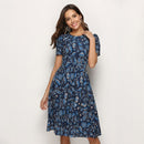 Elegant Women Round Collar Short-sleeve Floral Print Casual Midi Dress