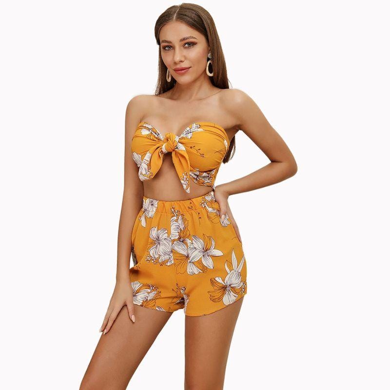 Women Casual Vacation Strapless Floral Print Knotted Crop Top Loose Shorts Set