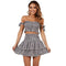 Women Off-the-shoulder Checkered Print Crop Tops And Tiers Skirt Set