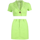 Women New Short-sleeve Fluorescence Color Crop Blouse Tight Skirt Set