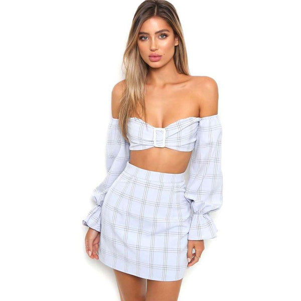 Women Sexy Off-the-shoulder Checkered Print Crop Top High-waisted A-line Skirt Set