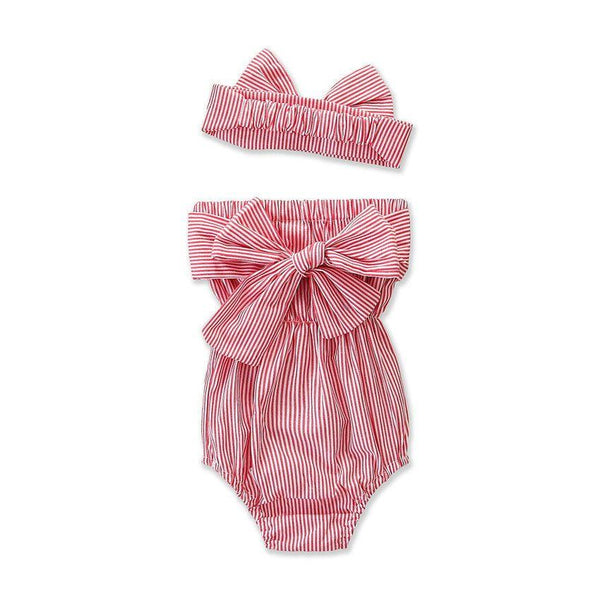 2 Pcs Baby Girl Stripes Printed Tube Bodysuit And Headband