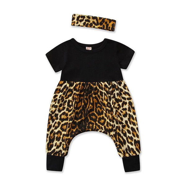 2 Pcs Cotton Leopard Printed Patchwork Romper And Headband