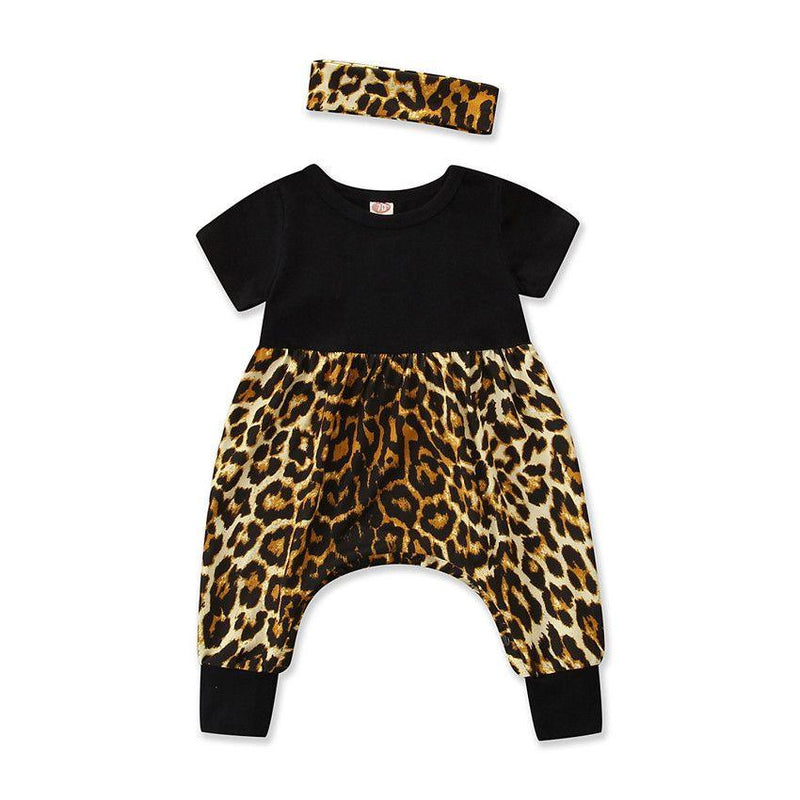 2 Pcs Cotton Leopard Printed Patchwork Romper And Headband