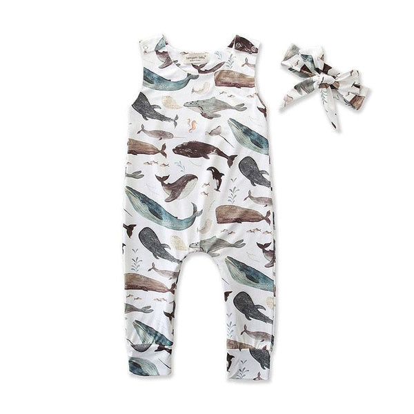 2 Pcs Baby Cotton Cartoon Print Sleeveless Jumpsuit And Headband