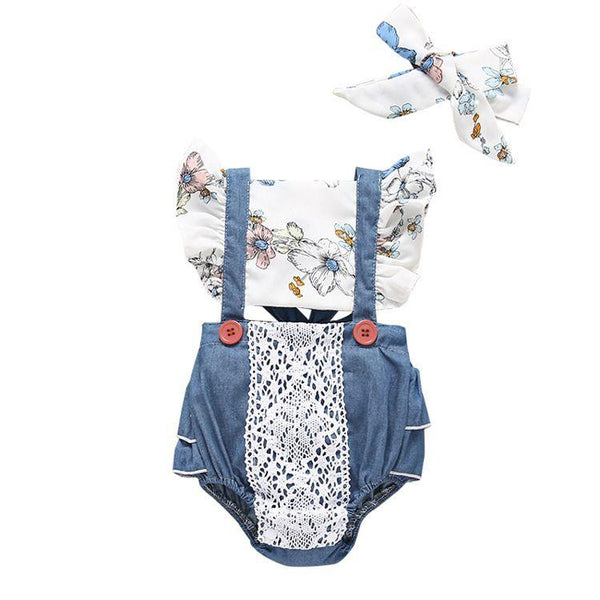 2 Pcs Baby Girl Cotton Floral Print Bodysuit And Headband