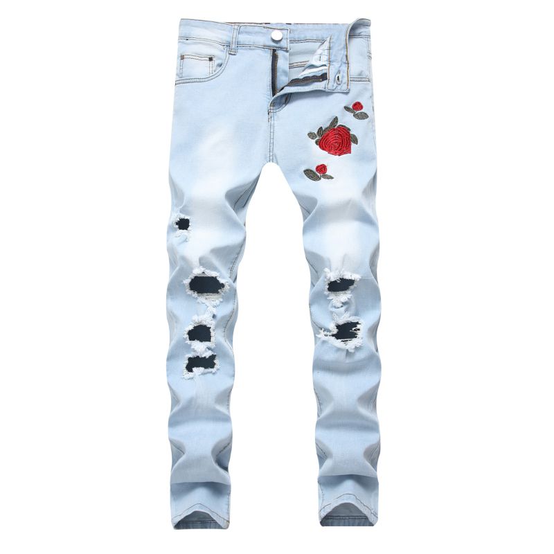 Men Cotton Rose Embroidered Ripped Jeans