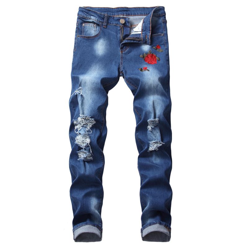 Men Cotton Casual Embroidered Ripped Jeans