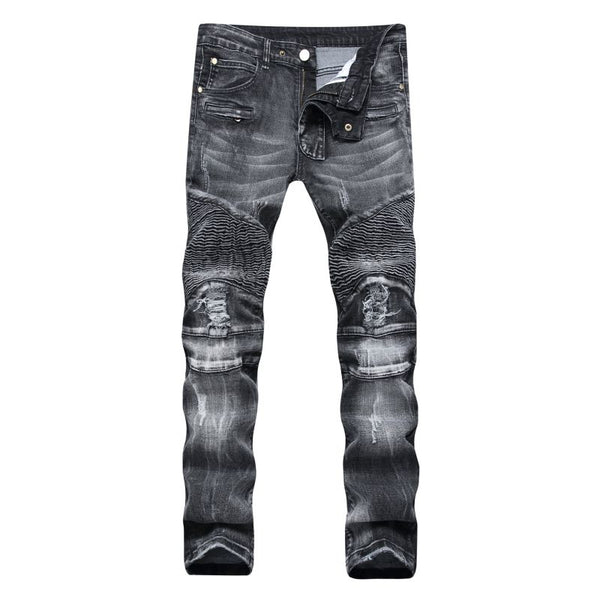High Street Men Cotton Zipper Design Slim Fit Ripped Jeans