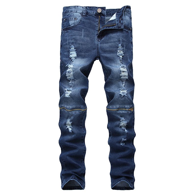 Men Cotton Slim Fit Zipper Design Ripped Jeans