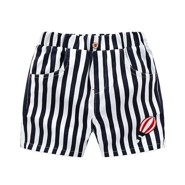 Boys Cotton Black And White Stripe Printed Elastic Waist Casual Shorts
