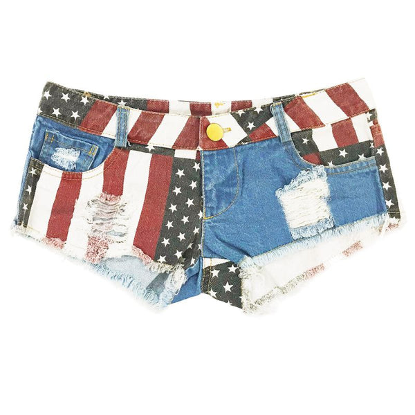 American Flag Print Low-waisted Raw Hem Ripped Denim Shorts