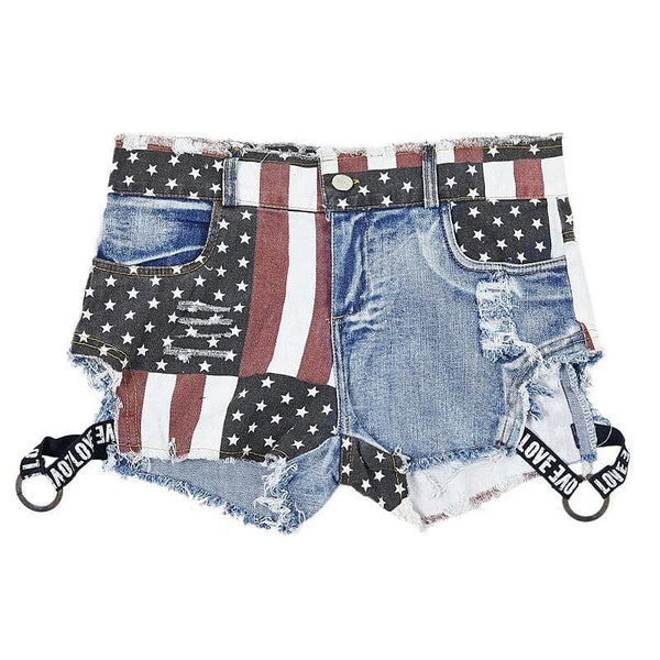 Women Low-waisted Flag Print Side Cut-out Design Denim Shorts