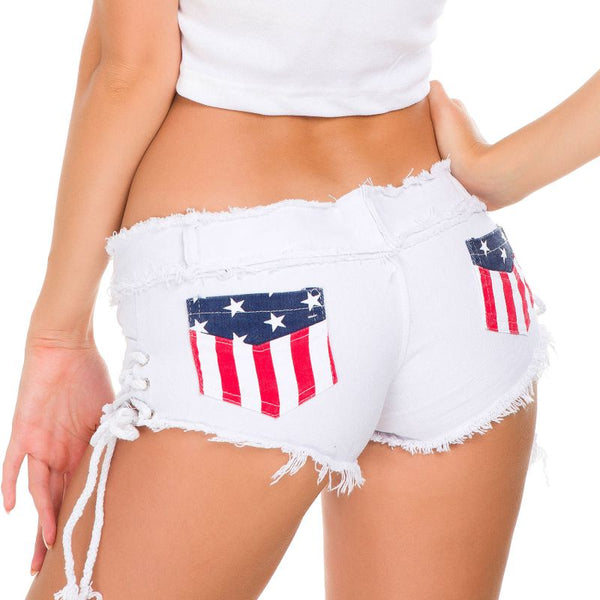 Fashion American Flag Print Side Lace-up Design Raw Hem Denim Shorts