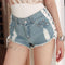 Women Low-waisted Side Lace-up Design Raw Hem Ripped Denim Shorts