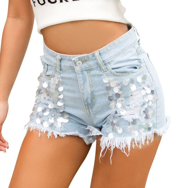 Women Fashion High-waisted Patchwork Sequins Raw Hem Ripped Denim Shorts