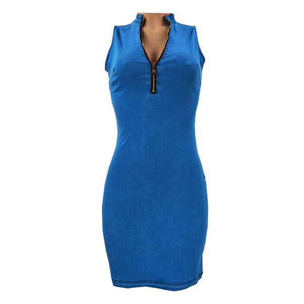 Hot Sale Zipper Design Women Sleeveless Bodycon Denim Midi Dress