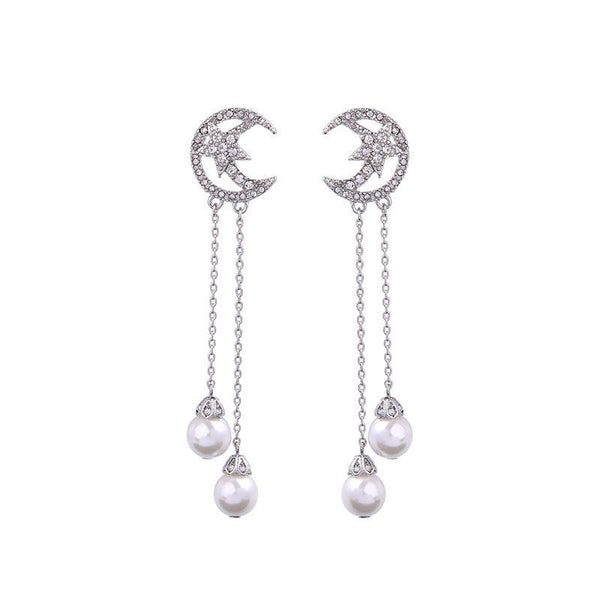 Elegant Moon Imitation Pearl Design Women Rhinestone Party Earrings