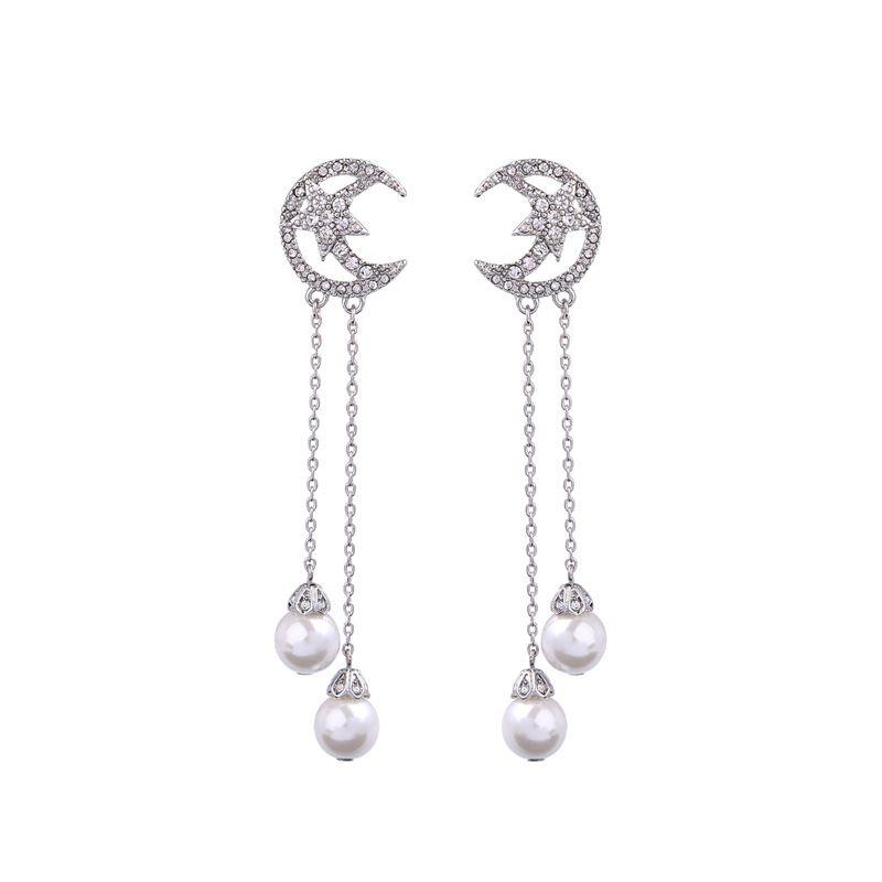 Elegant Moon Imitation Pearl Design Women Rhinestone Party Earrings