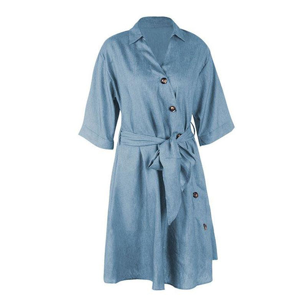 Women Casual Sash Half-sleeve Shirt Collar Side-slit Denim Dress